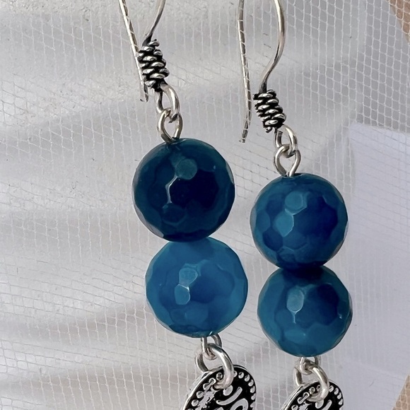 BLUE Agate and Sterling Dangle Earrings Om Charms - Picture 3 of 13